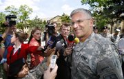 Gen. George Casey, who became the 36th U.S. Army Chief of Staff on April 10, fields questions for journalists at Fort Riley. Casey came to Fort Riley on Monday to tour the facility, observe training and get feedback from soldiers as he settles in to his new position as chief of staff.