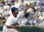 KANSAS CITY'S ODALIS PEREZ delivers against Cleveland. Perez allowed three runs in six innings, and the Royals defeated the Indians, 4-3, on Tuesday night in Kansas City, Mo.