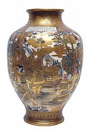 This Satsuma vase, made between 1850 and 1900, sold for $2,990 at a Cyr auction in Gray, Maine. It is 18 inches tall and pictures a group of Japanese warriors.