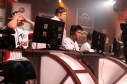 Josh "Dominator" Sievers, far left, of the Dallas Venom, reacts when his team loses a round in a Counter-Strike match during the Championship Gaming Series July 9 in Los Angeles in this photo released by CGS. Counter-Strike was one of four video games played during the premiere live broadcast of the CGS on DirecTV, the first ever global professional gaming league.