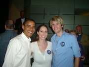 U.S. Sen. Barack Obama, left, poses with Clarissa Unger, center, a Kansas University junior from Colby, and Marc Langston, president of KU College Democrats, outside the Westin Hotel in Kansas City, Mo.