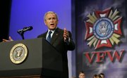 President Bush delivered a speech to the Veterans of Foreign Wars national convention Wednesday in Kansas City, Mo. Bush was the most warmly greeted speaker of the week of the convention that brought presidential candidates Sens. Hillary Clinton, Barack Obama and John McCain, among others. See stories on the speech and how Kansas representatives want change in Iraq on Page 7A.