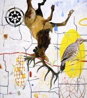 "Which Way?" is among the large-scale paintings that will be on view in a solo exhibition by American Indian artist Norman Akers beginning Friday at the Lawrence Arts Center, 940 N.H.
