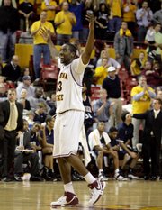 Arizona State guard James Harden celebrates as time expires. The Sun Devils crushed No. 17 Xavier, 77-55, Saturday in Tempe, Ariz.