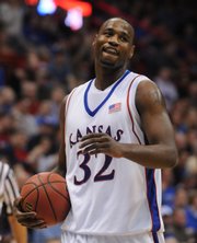 Kansas' Darnell Jackson was all smiles on Tuesday after bringing down a one-handed alley-oop against Loyola in the second half on Tuesday, January 8, 2008 at Allen Fieldhouse.