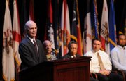 Secretary of the Army Pete Geren addresses the crowd of soldiers gathered Wednesday, Feb. 6, 2008 in the Eisenhower Auditorium of the Lewis and Clark Center at Fort Leavenworth.