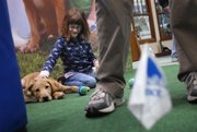 Nine-year-old Aubrey Goscha, of Lawrence, pets Gus, Sunday at the Invisible Fence Brand stand at the Lawrence Home Builders Association Home Show at First Serve Tennis Center, 5200 Clinton Parkway. Invisible Fence Brand is a correction device that helps train dogs and even cats, said Greb Green, a company representative.