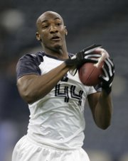 Former Kansas University defensive back Aqib Talib makes a catch during a drill. Talib worked out at the NFL Combine Feb. 26, 2008, in Indianapolis.