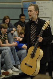 Andreas van Zoest, of Lawrence's sister city Eutin, Germany, talks with students at Southwest Junior High Tuesday February 26th, 2008.
