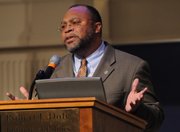 Roderick Bremby, secretary of the Kansas Department of Health and Environment, gives a lecture for those gathered at the Dole Institute of Politics Wednesday, March, 5, 2008.