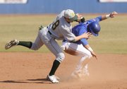 Kansas University's John Allman, right, collides with North Dakota State's Ryan Langlais while stealing a base. KU beat North Dakota State, 13-0, in the first game of a doubleheader on Sunday at Hoglund Ballpark. The Jayhawks take on Tabor at 3 p.m. on Tuesday, March 11, in Lawrence at Hoglund Ballpark.