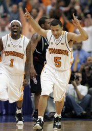 Tennessee's Chris Lofton (5) and Tyler Smith celebrate a goal in their SEC tournament victory over South Carolina.
