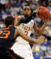 Texas guard A.J. Abrams (3) looks to pass the ball away from Miami guard James Dews (23) in the second half of an NCAA men's basketball second-round South Regional game, Sunday, March 23, 2008, in North Little Rock, Ark. Abrams scored 26 points in Texas' 75-72 win.