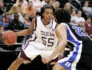 Texas A&M's Danielle Gant looks for an opening against Duke's Wanisha Smith. A&M eliminated Duke, 77-63, Sunday in Oklahoma City.