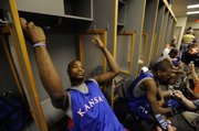 Former Kansas University basketball player Darnell Jackson relaxes in the locker room the day before Kansas took the court against Memphis for the NCAA title in April 2008 in San Antonio.