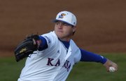 Kansas University pitcher Nick Czyz delivers during the Jayhawks' 17-15 victory over Oklahoma. The Jayhawks outslugged the Sooners on Friday at breezy Hoglund Ballpark.
