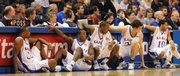 Kansas University men's basketball seniors, from left, Darnell Jackson, Rodrick Stewart, Russell Robinson, Sasha Kaun and Jeremy Case, wait to check in on Senior Night in March. Stewart, recovering from knee surgery, will coach his teammates in a barnstorming game tonight at Lawrence High.
