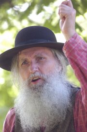 In period clothes and character, Kerry Altenbernd relays the story of the Black Jack Battle at the Black Jack Battlefield and Nature Park on Saturday, May 31, 2008 during the battle's anniversary.
