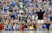 Bill Self watches a show of hands after asking his campers if they thought KU had a good team this last season. Self answered questions from the campers and talked about what he looks for when he prepares to recruit a player Tuesday, June 17, 2008 at the Horejsi Center.