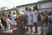 Nurses pose near a monument to enemas at Mashuk Akva-Term Sanatorium in the town of Zheleznovodsk in the Russian Caucasus Mountains region. Alexander Kharchenko, director of the Russian spa, says the world's first monument to enema treatments has been unveiled at the spa in the southern city of Zheleznovodsk. The bronze syringe bulb weighs 800 pounds and is held by three angels.