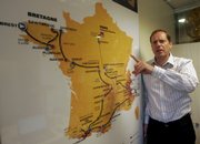 Tour de France director Christian Prudhomme points to this year's race map Thursday in Paris. For the second straight year, the race, set for July 5-27, will start without a defending champion.