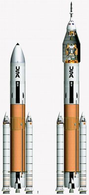 This rendering released by Direct Launcher shows a rocket design that advocates say is a better alternative for returning to the moon than the Ares rockets being built by NASA. The Jupiter 232 rocket on the left would be used for cargo launches, while the version of the right could launch both cargo and astronauts. NASA engineers are among those working on the competing design.