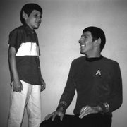 Adam Nimoy, left, jokes with his father, Leonard Nimoy, on the set of "Star Trek" in the late 1960s.
