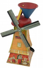 This sand-powered 1930s tin windmill toy is 14 1/2 inches high. It sold for $250 at Stanton Auctions of Hampden, Mass.