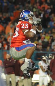 KU safety Darrell Stuckey leaps in this Jan. 3 file photo as he celebrates the Jayhawks' blocked field goal in the Orange Bowl against Virginia Tech at Dolphin Stadium. Stuckey is expected to lead an experienced KU secondary this season.