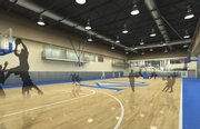 This view of the new practice facility, also facing east, shows, among other things, the balconies overlooking the facility from the offices of coaches Bill Self and Bonnie Henrickson.
