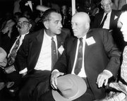 In this Sept. 11, 1956, file photo, U.S. Senate Majority Leader Lyndon Johnson, left, chats with House Speaker Sam Rayburn, right, as they attend the Democratic State Convention in Fort Worth, Texas. On the centennial of Johnson's birth, historian Robert A. Caro remembers his longtime subject at his most fulfilled, when he was leader of the U.S. Senate.