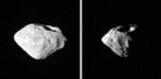 An image provided by the German Aerospace Center DLR on Saturday shows a two-photo combination of the asteroid Steins, taken around the time of Rosetta's closest approach to Steins during a flyby of the European Space Agency deep space probe Rosetta on Friday. Rosetta's camera stopped shortly before the closest pass, ESA officials said Saturday during a news conference in Darmstadt, Germany.