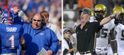 Kansas coach Mark Mangino, left, and South Florida coach Jim Leavitt, who will face each other at 7 tonight in a nationally televised game, both worked for former Kansas State coach Bill Snyder.