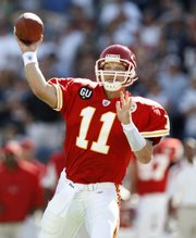 In this Sept. 7 file photo, Kansas City quarterback Damon Huard passes against the New England Patriots in Foxborough, Mass. Chiefs coach Herm Edwards said Huard - not Tyler Thigpen - would start this Sunday against Denver at Arrowhead Stadium.
