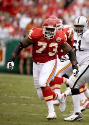 Adrian Jones, a former Kansas University tight end/offensive lineman, is now starting on the offensive line for the Kansas City Chiefs. Cut after hardly playing last year for the New York Jets, he signed with K.C. in the offseason and worked his way into the starting job at right guard.