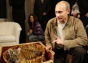 A two month old female tiger cub, as yet unnamed, is shown to journalists at the residence of Russian Prime Minister Vladimir Putin, right, outside Moscow on Thursday night. The cub was presented to Putin on Tuesday, when he was celebrating his 56th birthday.