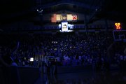 The Jayhawk's 2008 National Championship banner is unveiled Friday, Oct. 17, 2008 during Late Night in the Phog at Allen Fieldhouse.
