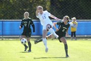 Kansas' Shannon McCabe (15) defends against a Baylor opponent. KU beat the Bears, 1-0, Sunday at the Jayhawk Soccer Complex.