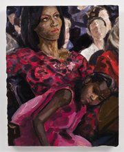 This portrait by Elizabeth Peyton is titled "Michelle and Sasha Obama Listening to Barack Obama at the Democratic National Convention." The oil painting of the future first lady and her daughter was unveiled Wednesday at the New Museum on Manhattan&squot;s Lower East Side in New York.