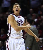 Oklahoma forward Blake Griffin shows some emotion during the Sooners' tilt with the Longhorns. Oklahoma defeated Texas, 78-63, to snap a six-game losing streak to UT on Monday in Norman, Okla.