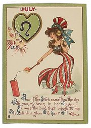 This Raphael Tuck Valentine postcard printed about 1900 is one of a set of 12 cards, each based on a sign of the zodiac. July's sign is Leo, but the card mentions a stork, not a lion. The set brought $58 at an Alderfer Auction sale of postcards in Hatfield, Pa.