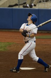 Senior Val Chapple pops one up in the fourth inning. The Kansas softball team played North Dakota State Friday at home.