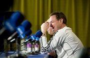 Kansas head coach Bill Self smiles as he takes questions during a press conference Saturday March 21, 2009 at the Metrodome in Minneapolis.