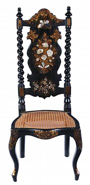 Mother-of-pearl inlay and painted and gilded decorations embellish this slipper chair probably made in England. The seat is 15 1/2 inches from the floor. The chair sold for $329 at a Sloans & Kenyon auction in Chevy Chase, Md., in November.