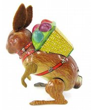 This 3 1/2-inch-tall tin rabbit with felt ears and a basket of eggs on its back hops when wound up. The Easter toy was made in the late 1940s and sold for just $42 at a Dick Soulis auction in Lone Jack, Mo.