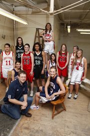 The 2008-09 All-area girls basketball team, pictured above, from left to right, includes: back row — Roni Grizzle, Tonganoxie High, Ashli Hill, Free State High, Jordan Baldwin, Ottawa High, Chantay Caron, Free State High, Haley Parker, Lawrence High, Nicole Rockhold, Oskaloosa High, Kara McFarland, Ottawa High, Chrissie Jeannin, Tonganoxie High, and Taylor Bird, Lawrence High; front row — head coach Ryan Luke, Eudora High, Bailey Scott, Eudora High and Haley Epperson, Eudora High.
