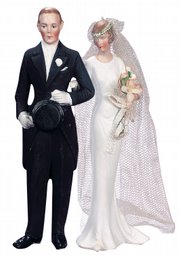 This bisque wedding cake topper is 7 inches high, taller than most. It was made about 1920 by Hertwig and Co., a German firm that also made dolls and dishes. Theriault’s of Annapolis, Md., auctioned it last summer for $504.