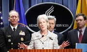 Health and Human Services Secretary Kathleen Sebelius talks to media about the new strain of swine April 29 at the agency’s headquarters in Washington. With a handful of known illnesses at first, the U.S. raced antiflu drugs from a government stockpile, enough for 11 million people, out to every state. From left are Assistant Secretary for Preparedness and Response Rear Adm. W. Craig Vanderwagen, Director of National Vaccine Program Office Dr. Bruce Gellin and Acting Commissioner of the FDA Josh Sharfstein.