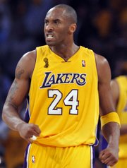 Lakers guard Kobe Bryant reacts to action against the Orlando Magic on Thursday in Los Angeles. Bryant scored 40 points in Game 1. Game 2 is Sunday at Staples Center.