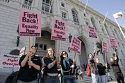 Demonstrators protest Wednesday on the steps of the California Supreme Court in San Francisco against the State Supreme Court’s decision denying marriage to gay couples.